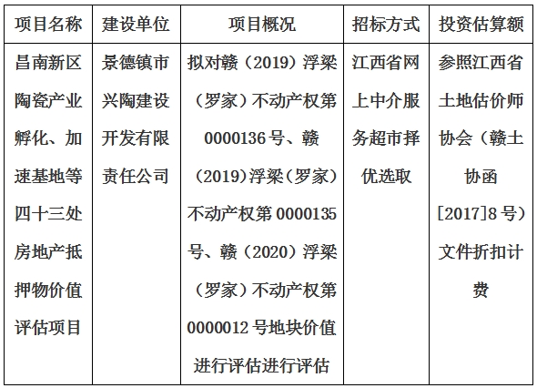 昌南新區(qū)陶瓷產(chǎn)業(yè)孵化、加速基地等四十三處房地產(chǎn)抵押物價值評估單位選取計劃公告