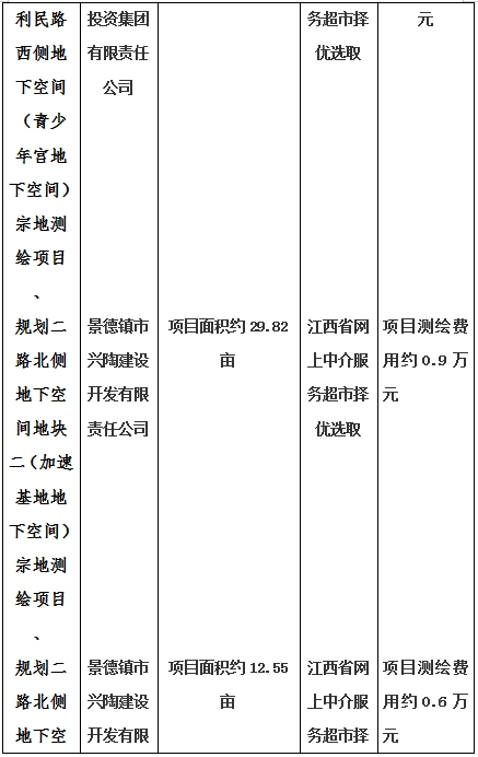 景德鎮(zhèn)市昌南新區(qū)LJ1-03-A01-1地塊、瓷都大道東側中渡口地下空間（格蘭云天大酒店地下空間）、光明大道北側利民路西側地下空間（青少年宮地下空間）、規(guī)劃二路北側地下空間地塊二（加速基地地下空間）、規(guī)劃二路北側地下空間地塊一（加速基地地下空間）、景德大道南側天寶橋西側地塊、景興大道東側如意路北側地下空間(社會公共服務