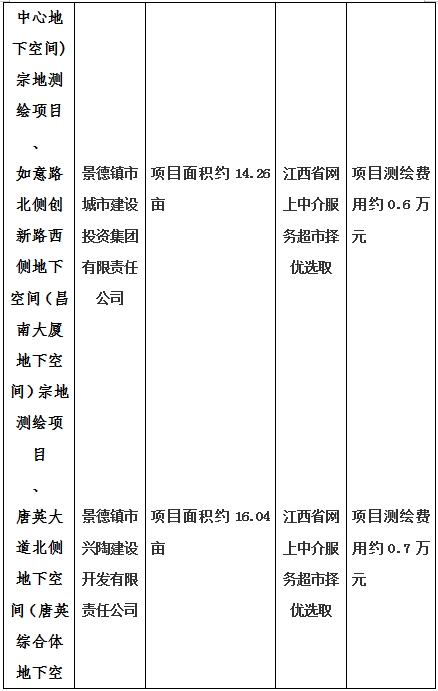 景德鎮(zhèn)市昌南新區(qū)LJ1-03-A01-1地塊、瓷都大道東側中渡口地下空間（格蘭云天大酒店地下空間）、光明大道北側利民路西側地下空間（青少年宮地下空間）、規(guī)劃二路北側地下空間地塊二（加速基地地下空間）、規(guī)劃二路北側地下空間地塊一（加速基地地下空間）、景德大道南側天寶橋西側地塊、景興大道東側如意路北側地下空間(社會公共服務