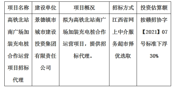 高鐵北站南廣場(chǎng)加裝充電樁合作運(yùn)營(yíng)項(xiàng)目招標(biāo)代理計(jì)劃公告