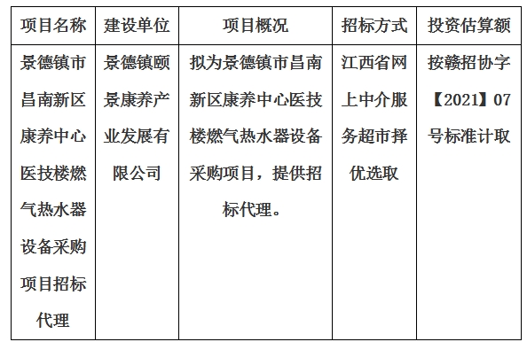 景德鎮(zhèn)市昌南新區(qū)康養(yǎng)中心醫(yī)技樓燃?xì)鉄崴髟O(shè)備采購(gòu)項(xiàng)目招標(biāo)代理計(jì)劃公告