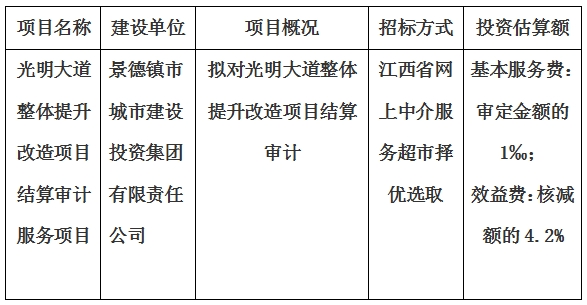 光明大道整體提升改造項目結(jié)算審計服務項目計劃公告
